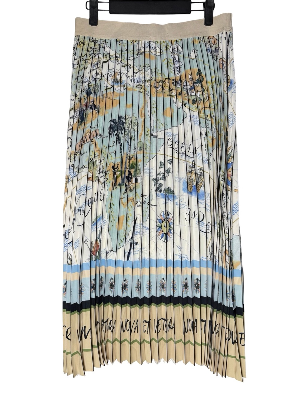 Tempo Paris Womens Skirt Size M/L Map Print Pleated Midi Travel Nautical Summer